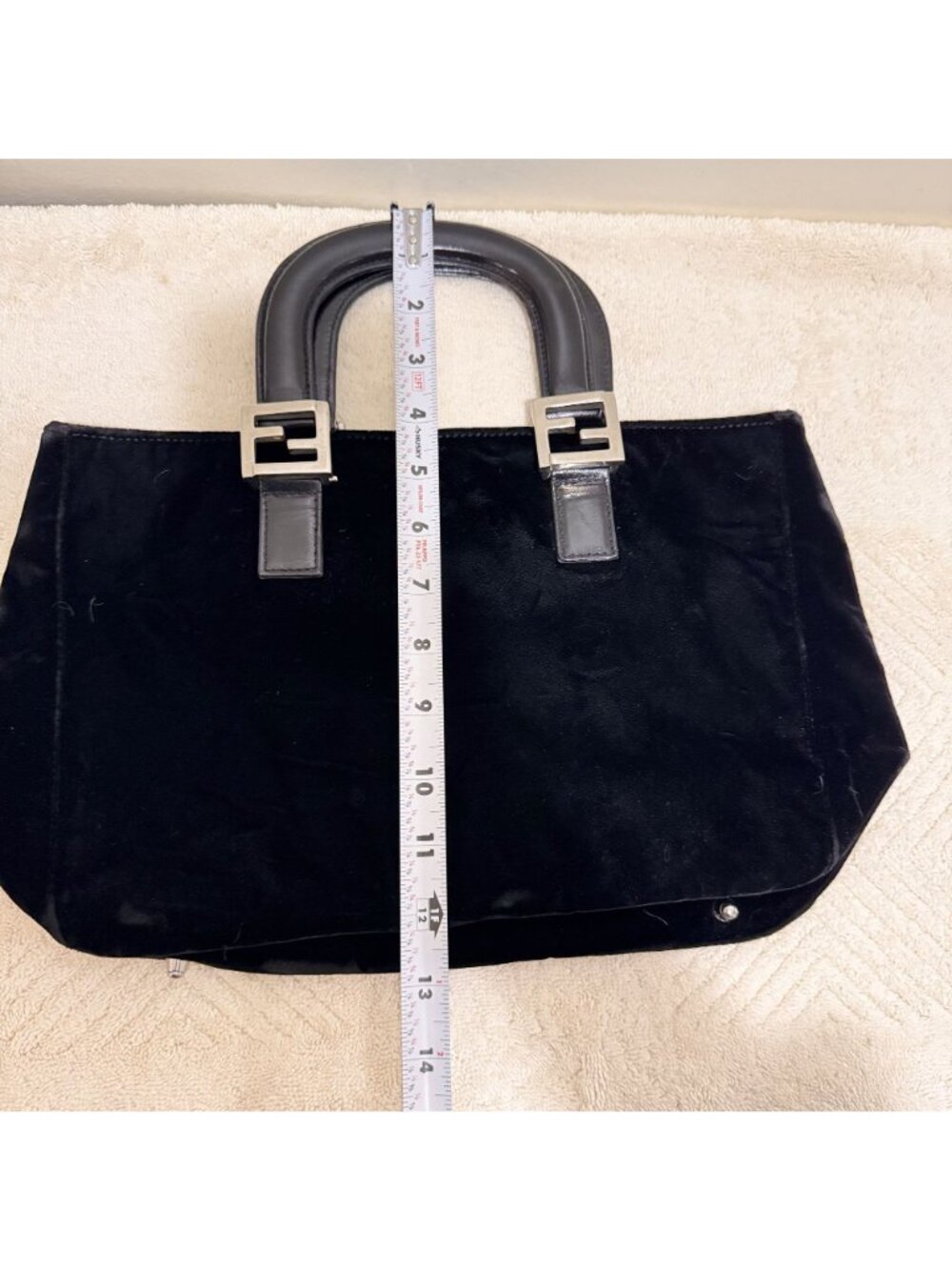 Vintage Fendi Black Velvet FF Top Handle Hand Bag Silver Hardware Made Italy - Picture 11 of 12